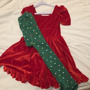 Red Velvet Kids Costume Dress with Green Polka Dot Tights